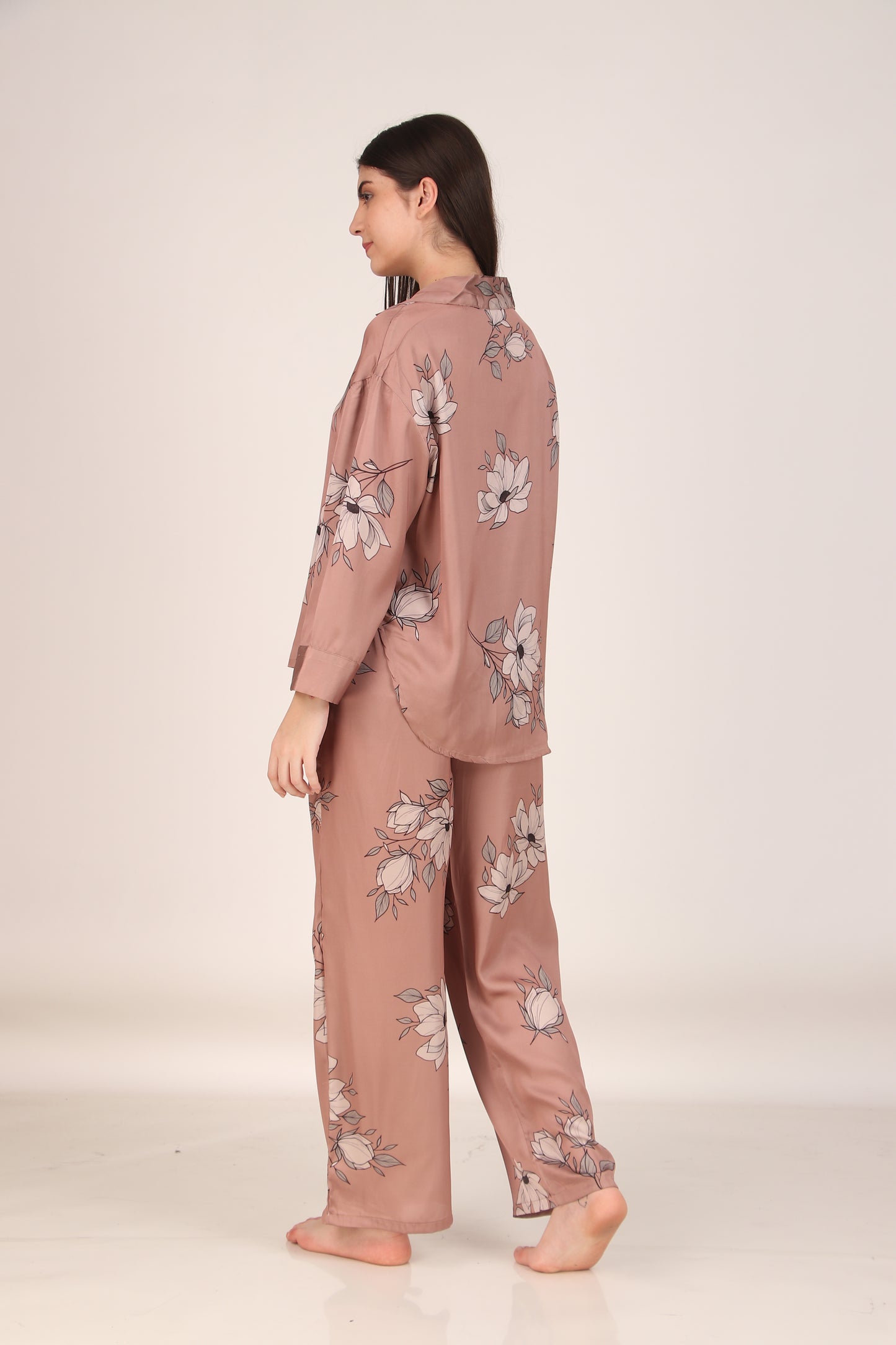 Brown Floral Oversized Satin PJ Set | Masha at Broadway