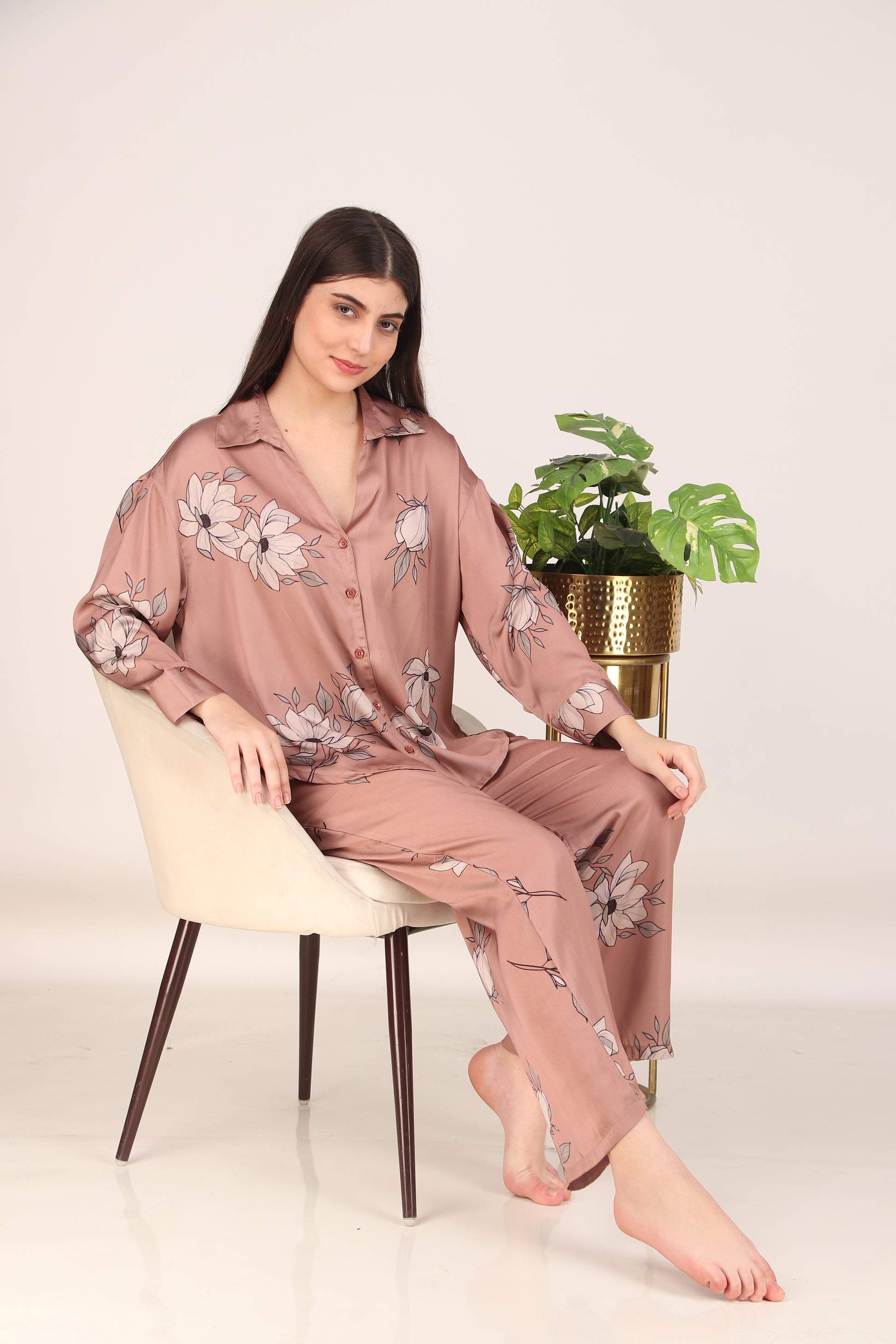 Brown Floral Oversized Satin PJ Set | Masha at Broadway