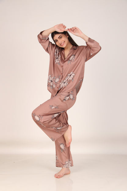 Brown Floral Oversized Satin PJ Set | Masha at Broadway
