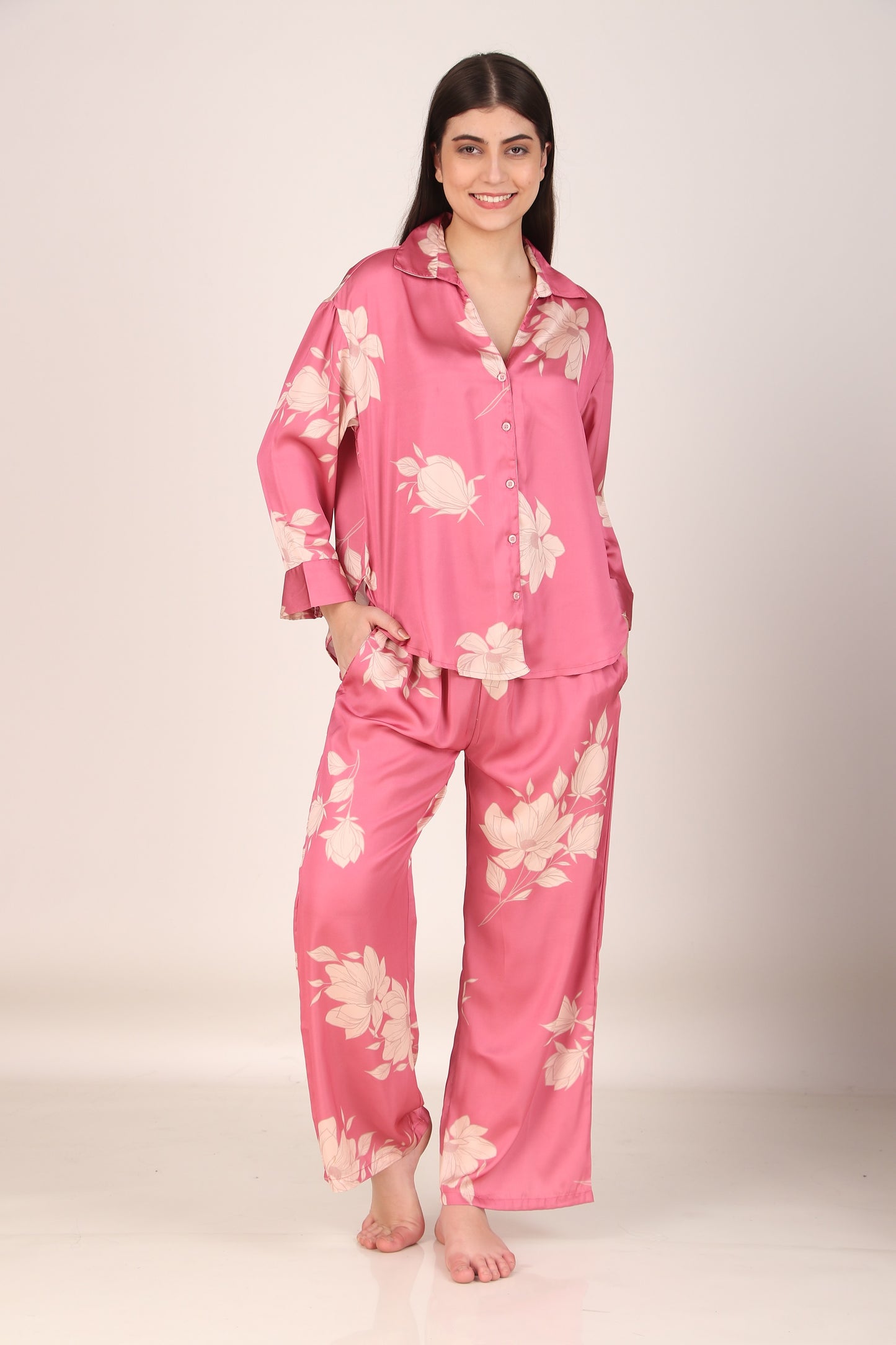 Iris Pink Oversized Satin PJ Set | Masha at Broadway