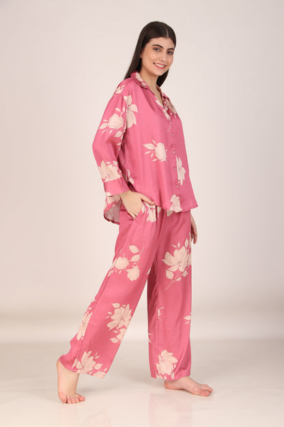 Iris Pink Oversized Satin PJ Set | Masha at Broadway