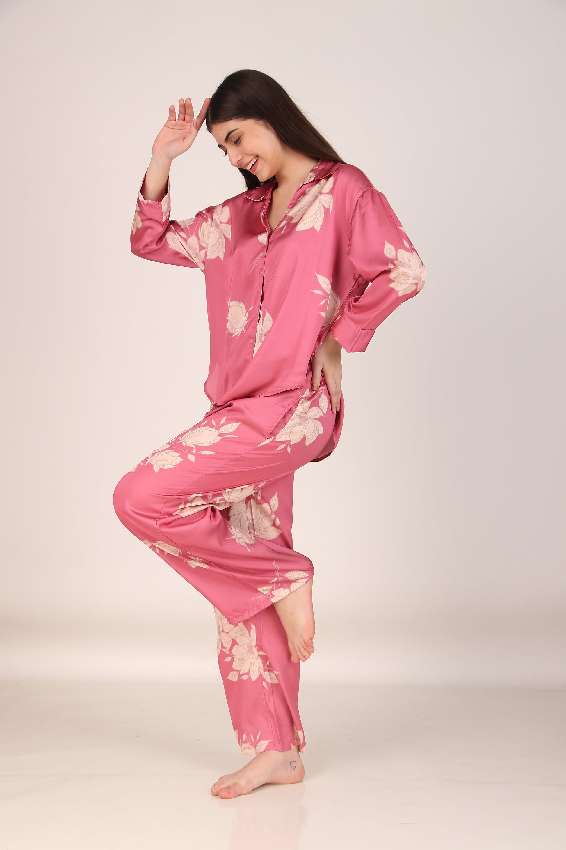 Iris Pink Oversized Satin PJ Set | Masha at Broadway