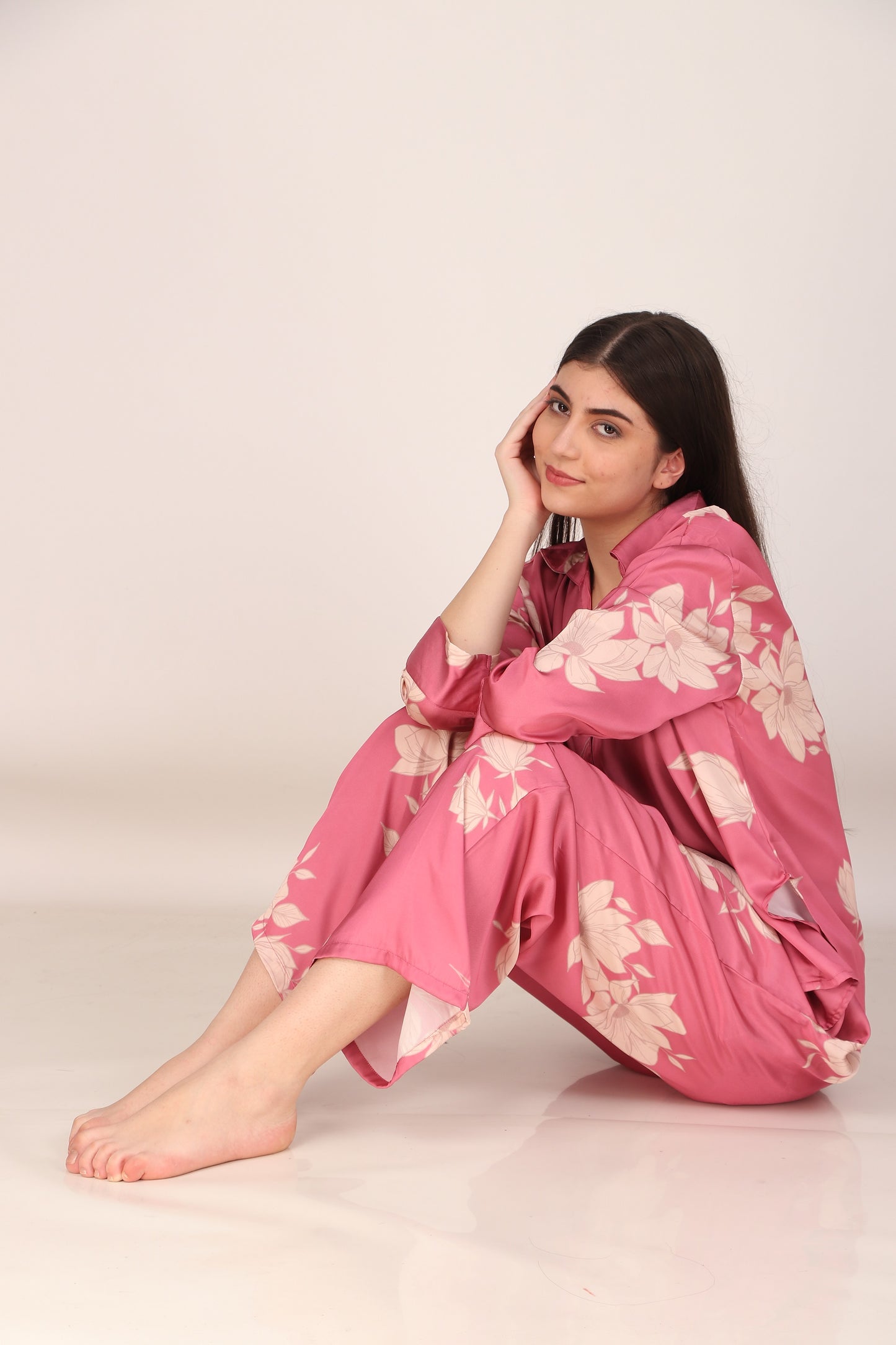 Iris Pink Oversized Satin PJ Set | Masha at Broadway