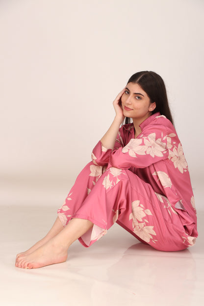 Iris Pink Oversized Satin PJ Set | Masha at Broadway