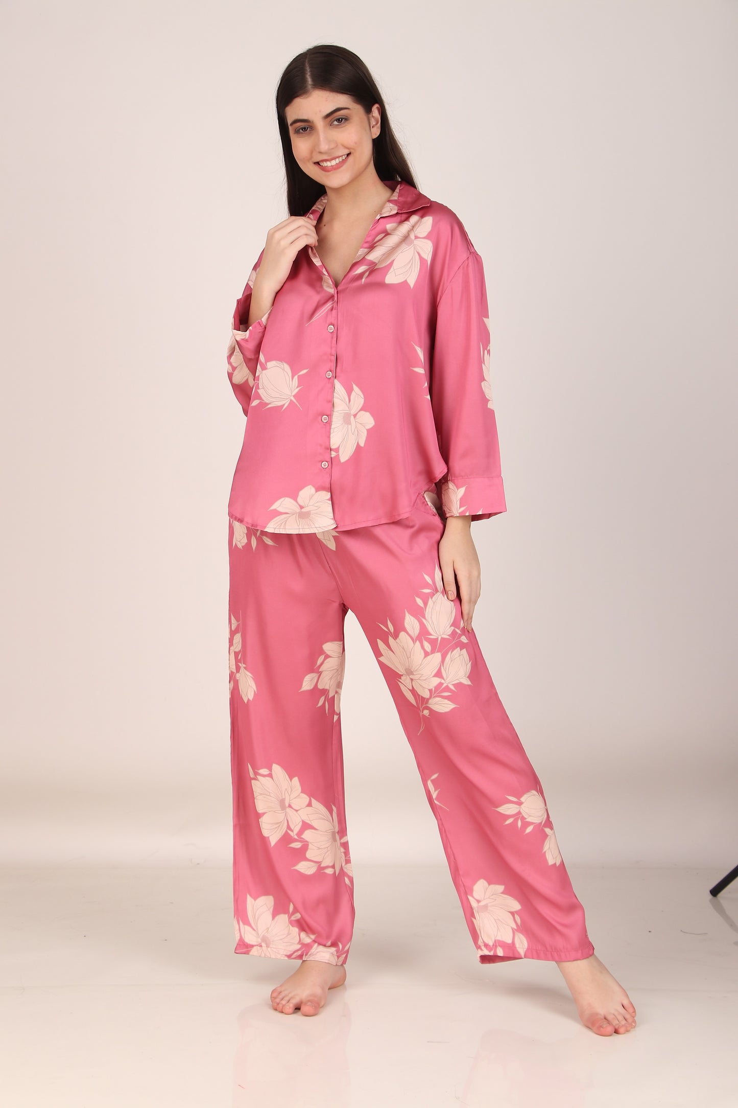 Iris Pink Oversized Satin PJ Set | Masha at Broadway