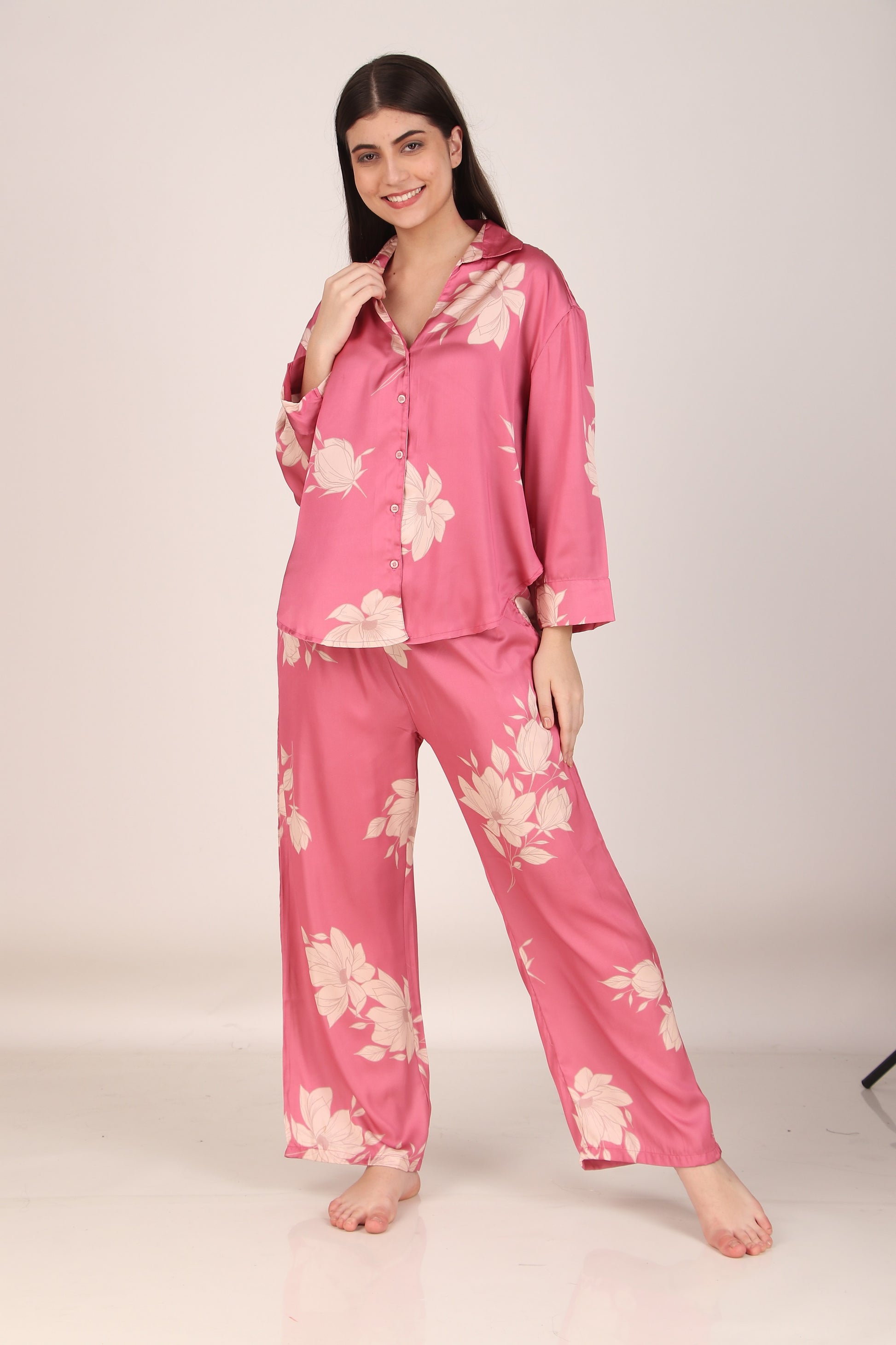 Iris Pink Oversized Satin PJ Set | Masha at Broadway