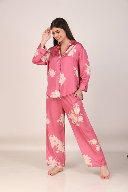 Iris Pink Oversized Satin PJ Set | Masha at Broadway