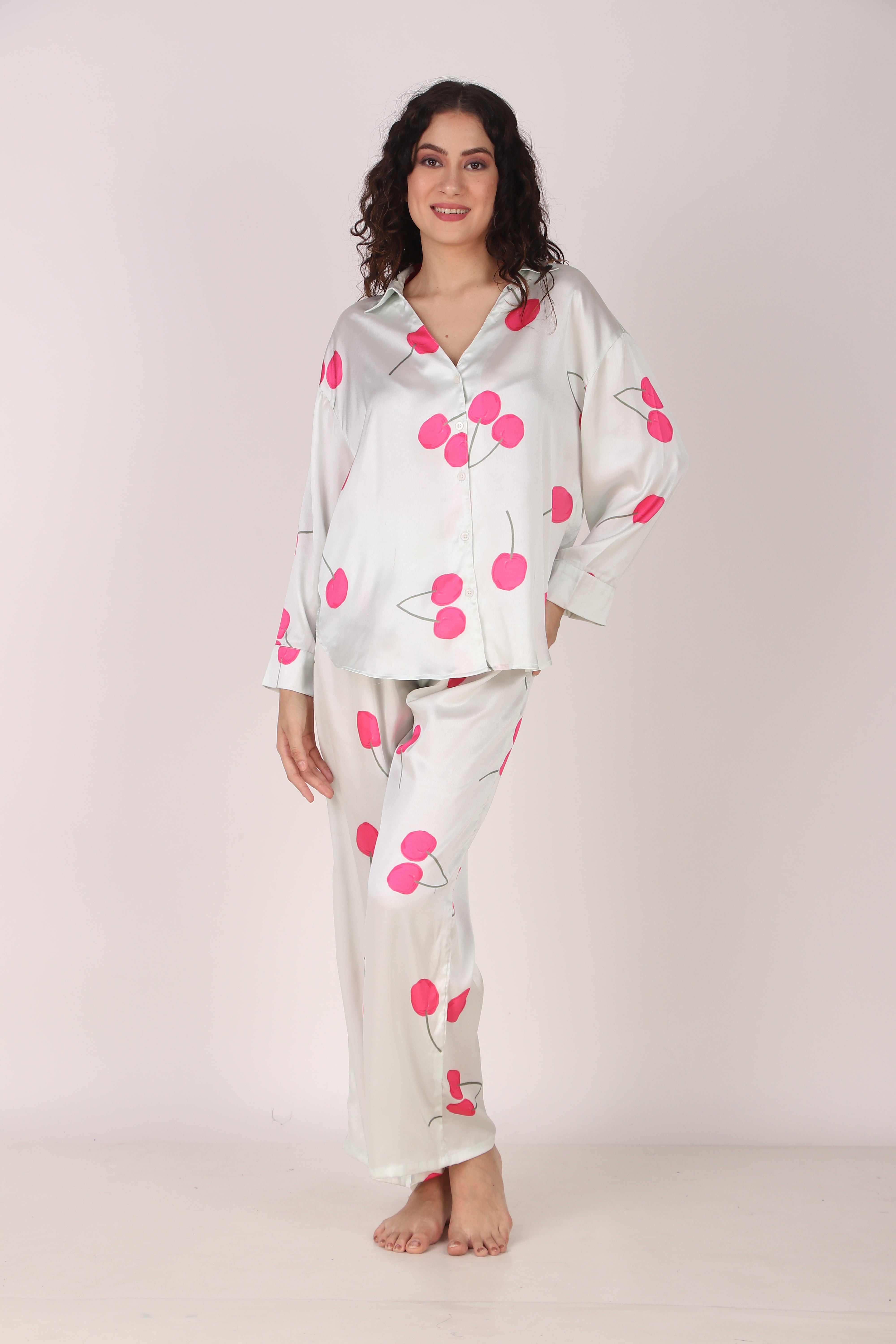 Cherry Oversized Satin PJ Set | Masha at Broadway