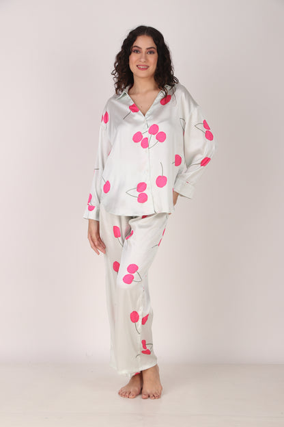 Cherry Oversized Satin PJ Set | Masha at Broadway
