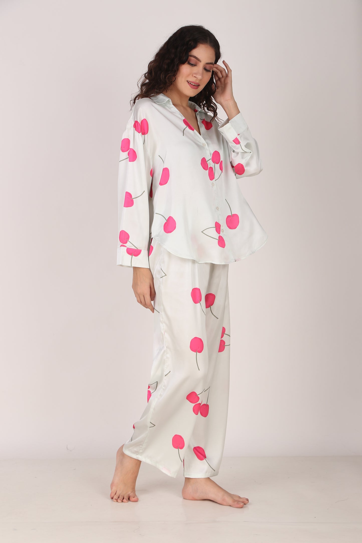 Cherry Oversized Satin PJ Set | Masha at Broadway