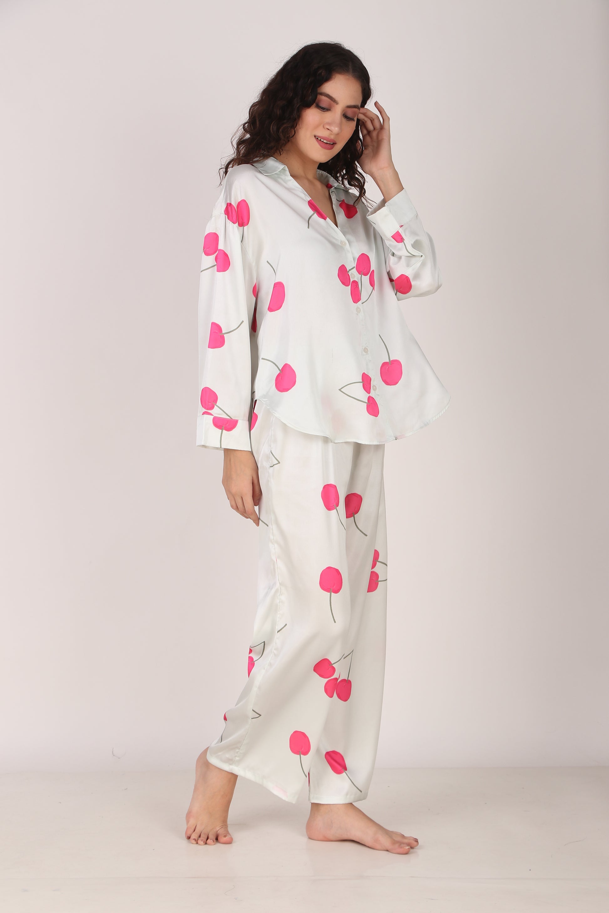 Cherry Oversized Satin PJ Set | Masha at Broadway