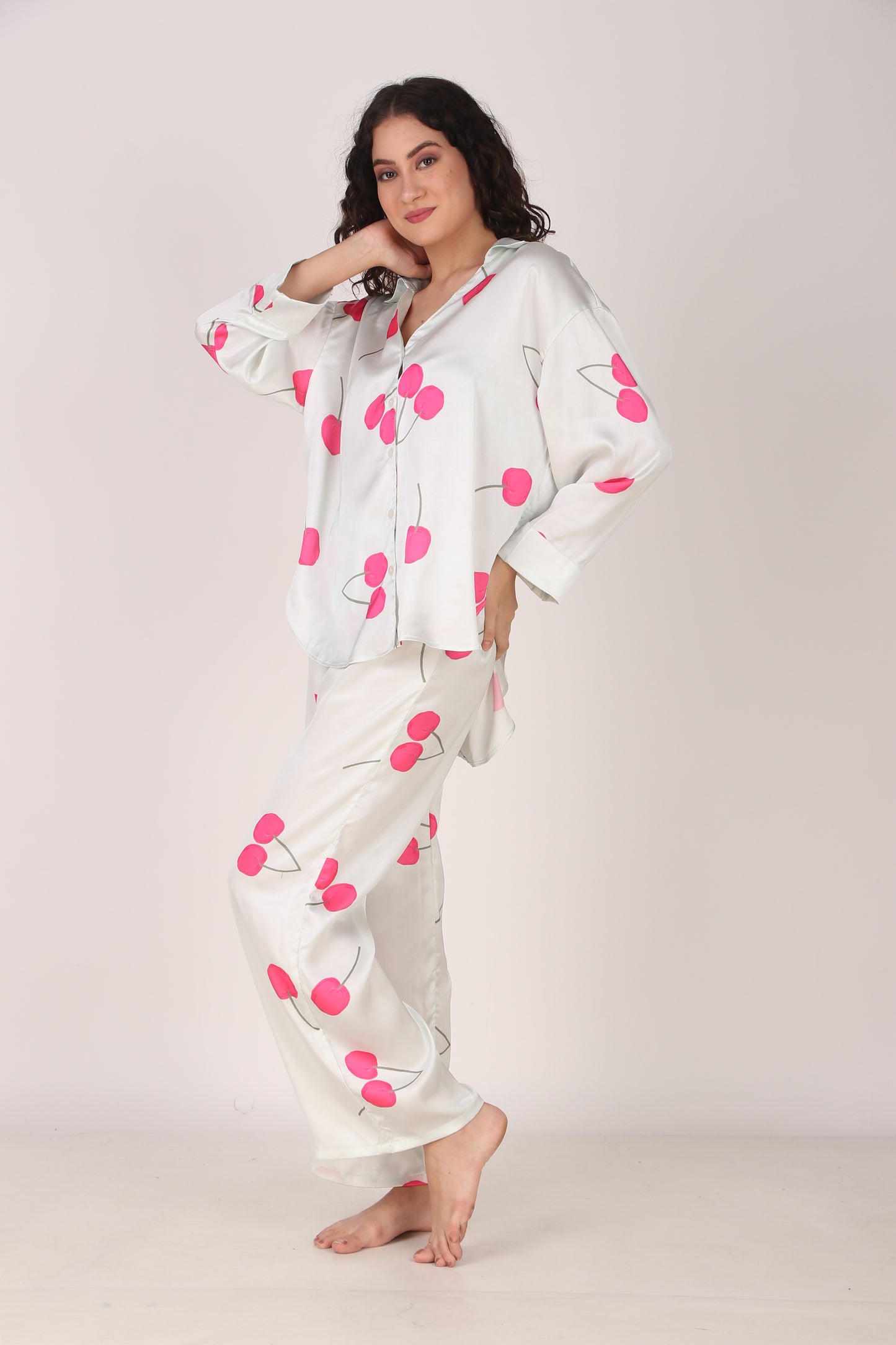 Cherry Oversized Satin PJ Set | Masha at Broadway