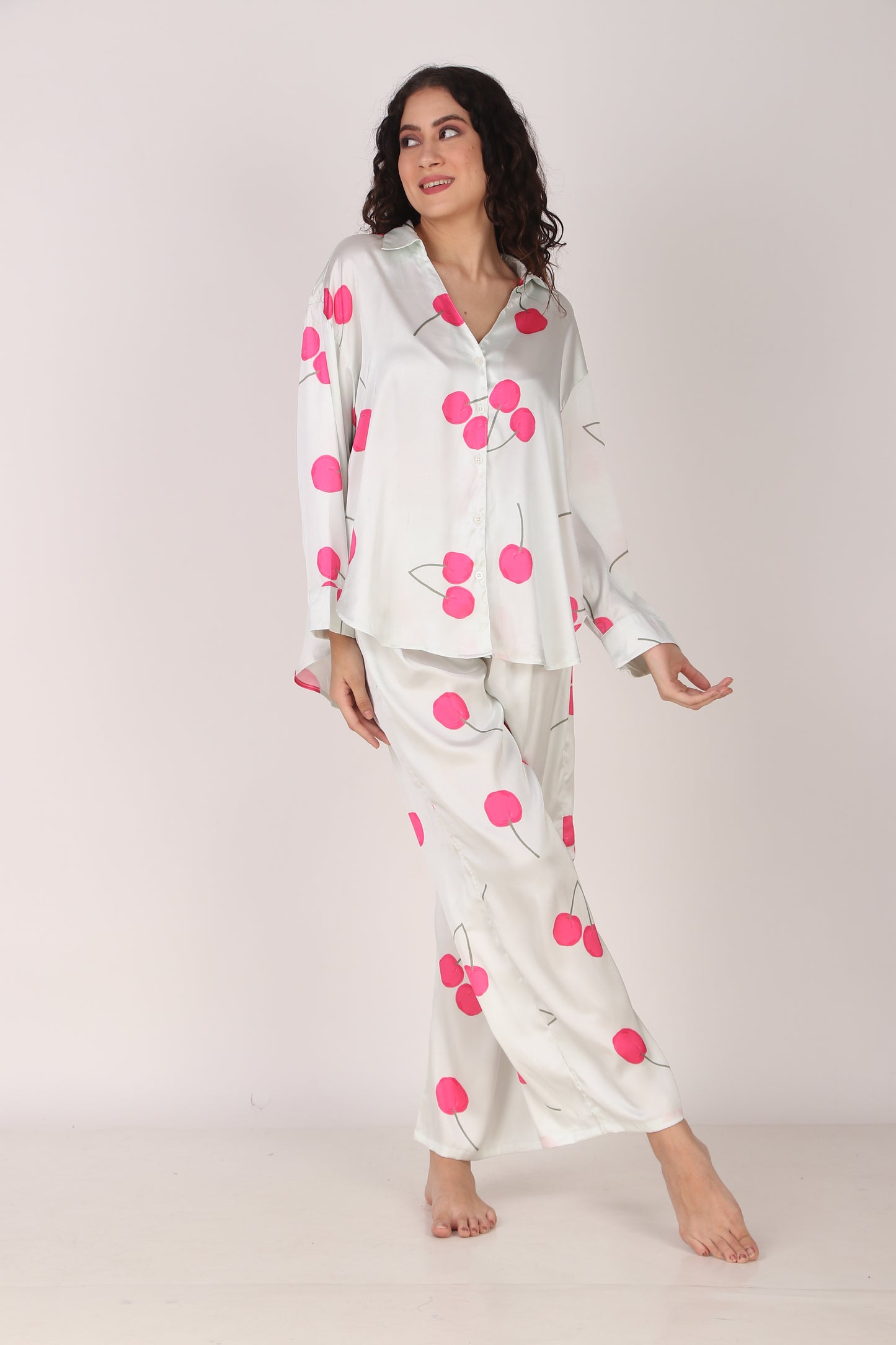 Cherry Oversized Satin PJ Set | Masha at Broadway
