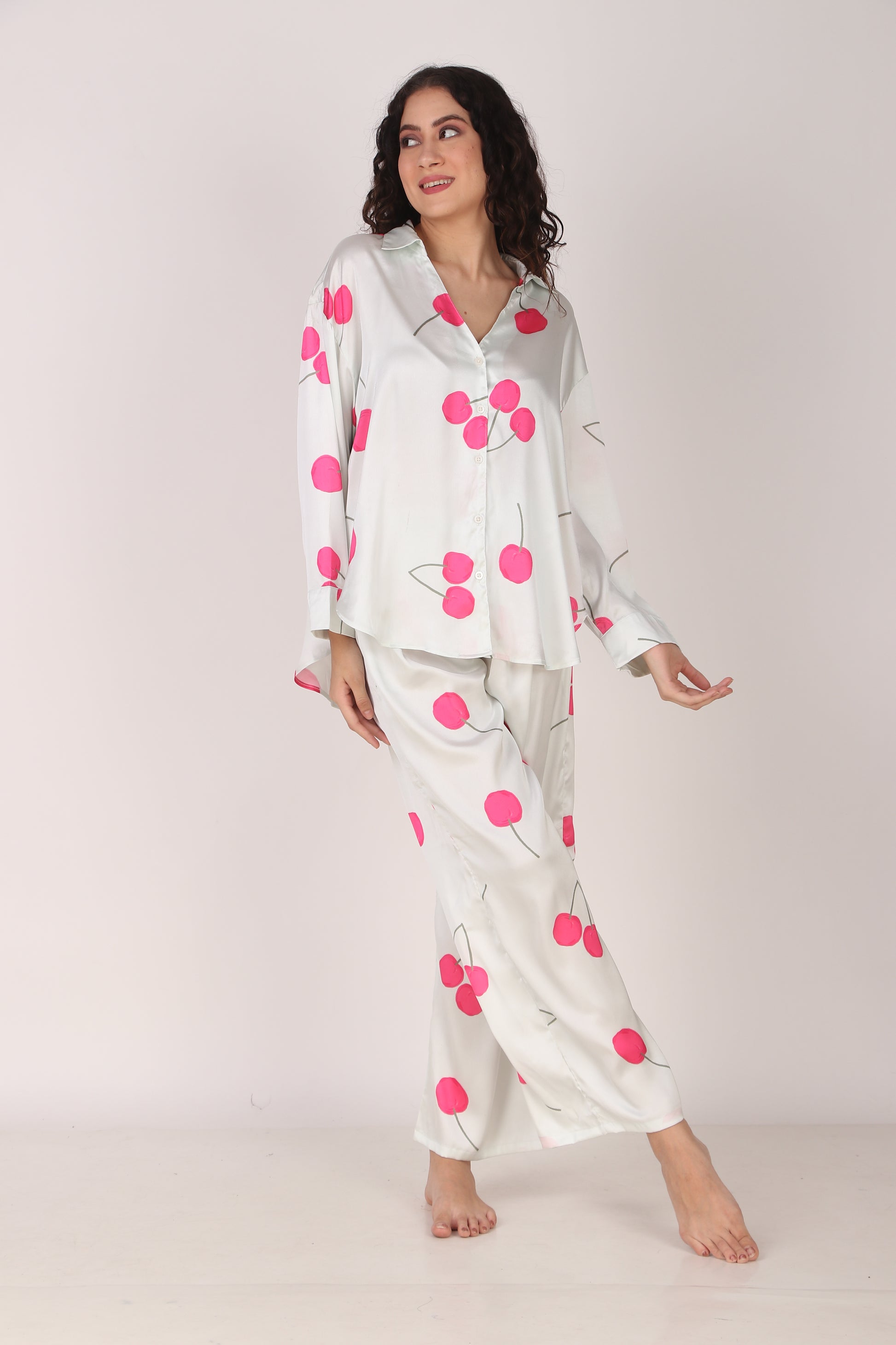 Cherry Oversized Satin PJ Set | Masha at Broadway