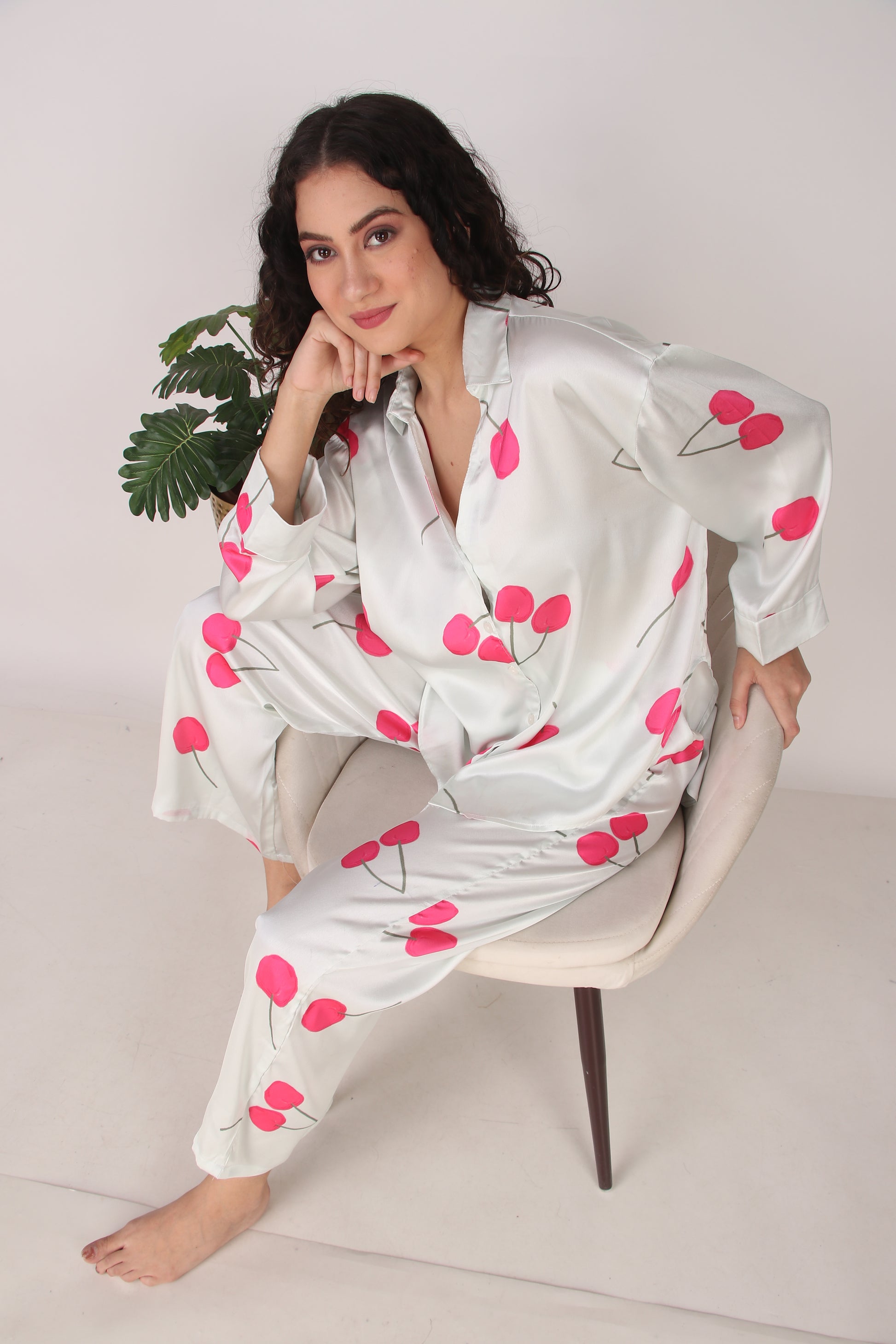 Cherry Oversized Satin PJ Set | Masha at Broadway