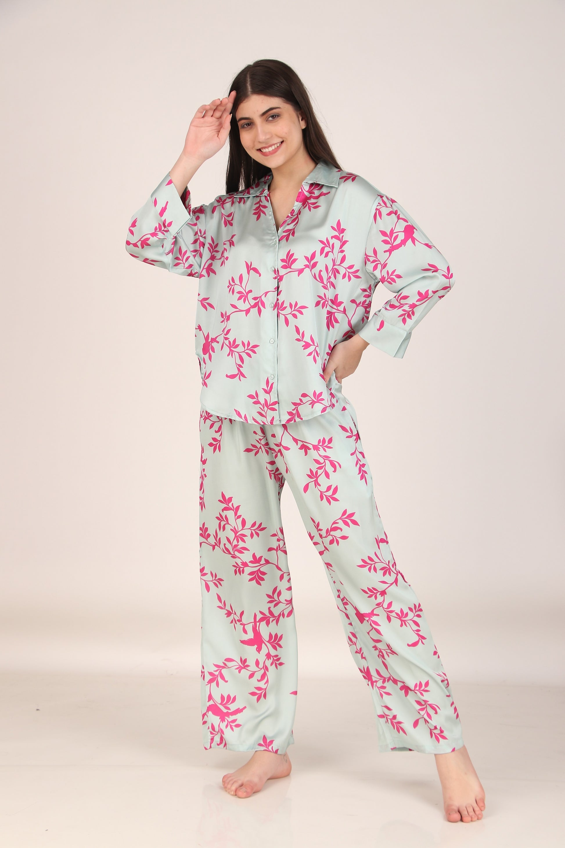Pink Leaves Oversized Satin PJ Set | Masha at Broadway