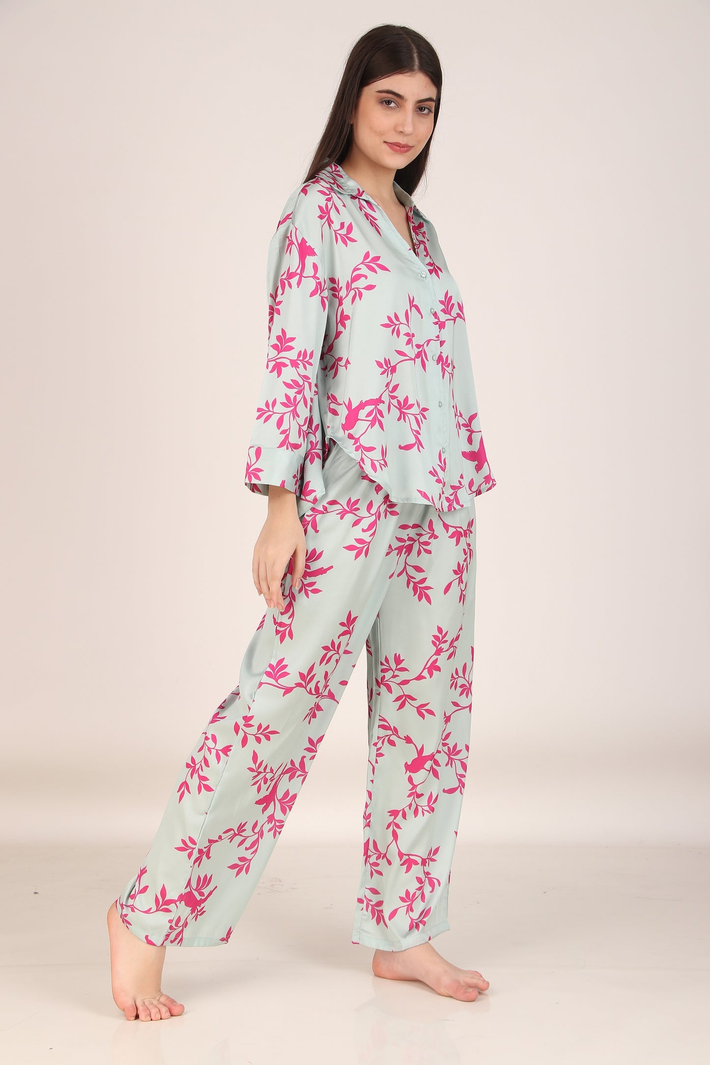 Pink Leaves Oversized Satin PJ Set | Masha at Broadway
