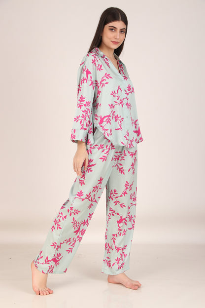 Pink Leaves Oversized Satin PJ Set | Masha at Broadway