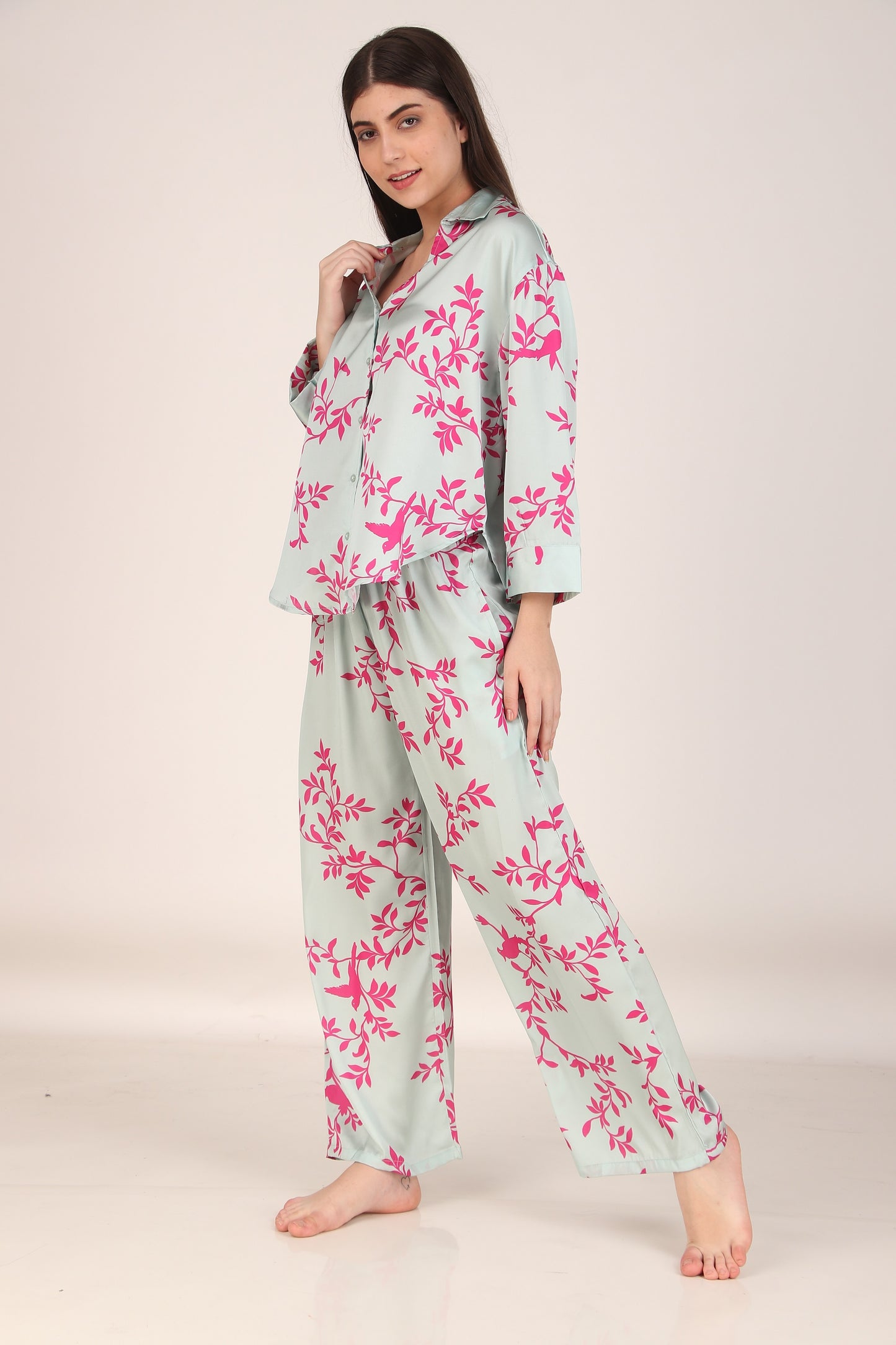Pink Leaves Oversized Satin PJ Set | Masha at Broadway