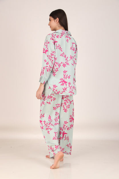 Pink Leaves Oversized Satin PJ Set | Masha at Broadway