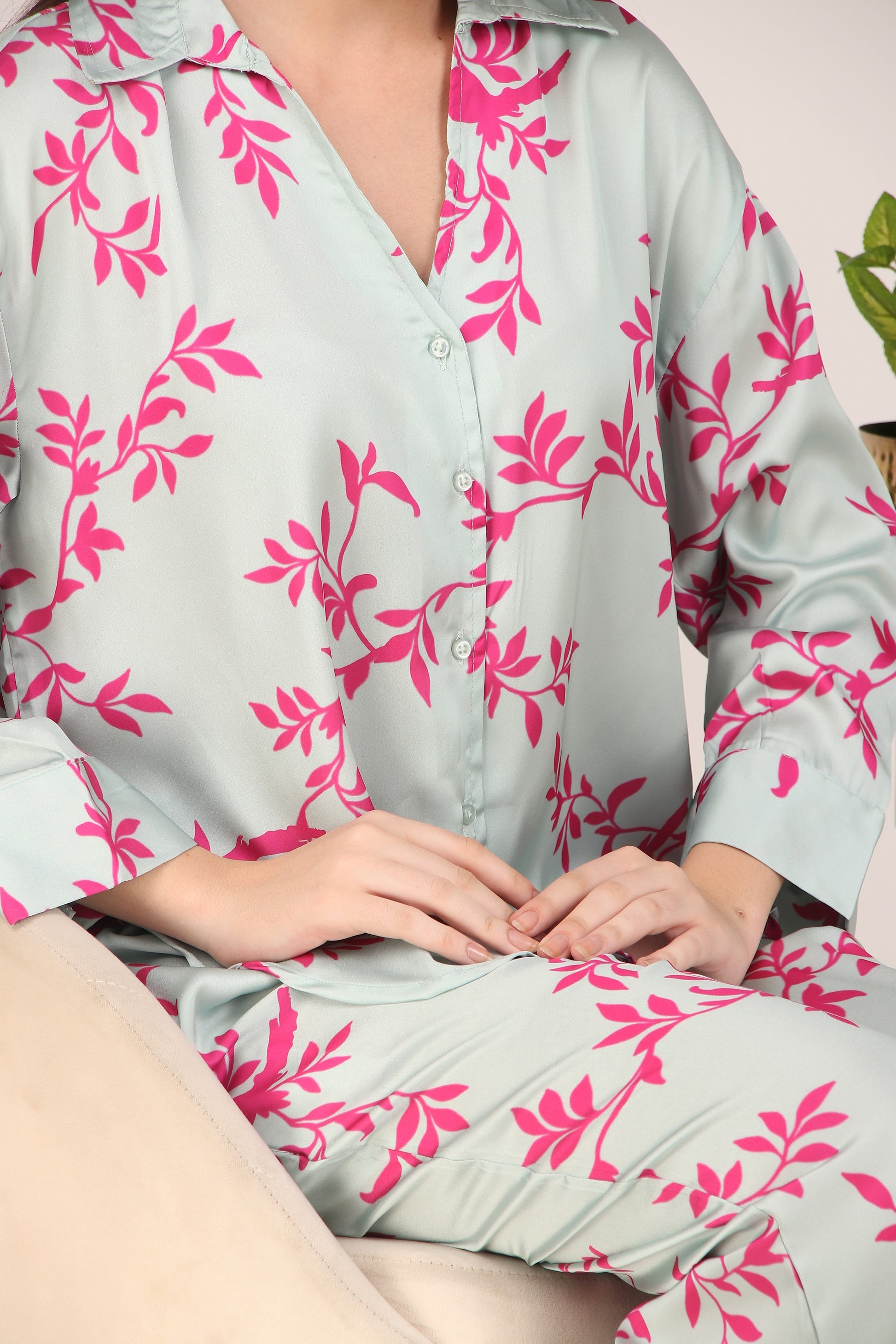 Pink Leaves Oversized Satin PJ Set | Masha at Broadway