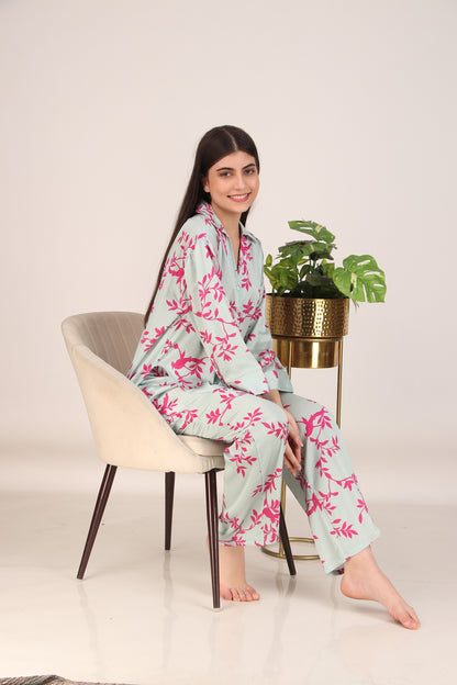 Pink Leaves Oversized Satin PJ Set | Masha at Broadway