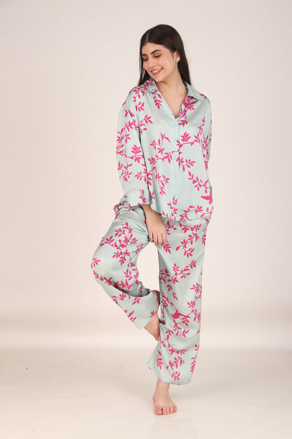 Pink Leaves Oversized Satin PJ Set | Masha at Broadway