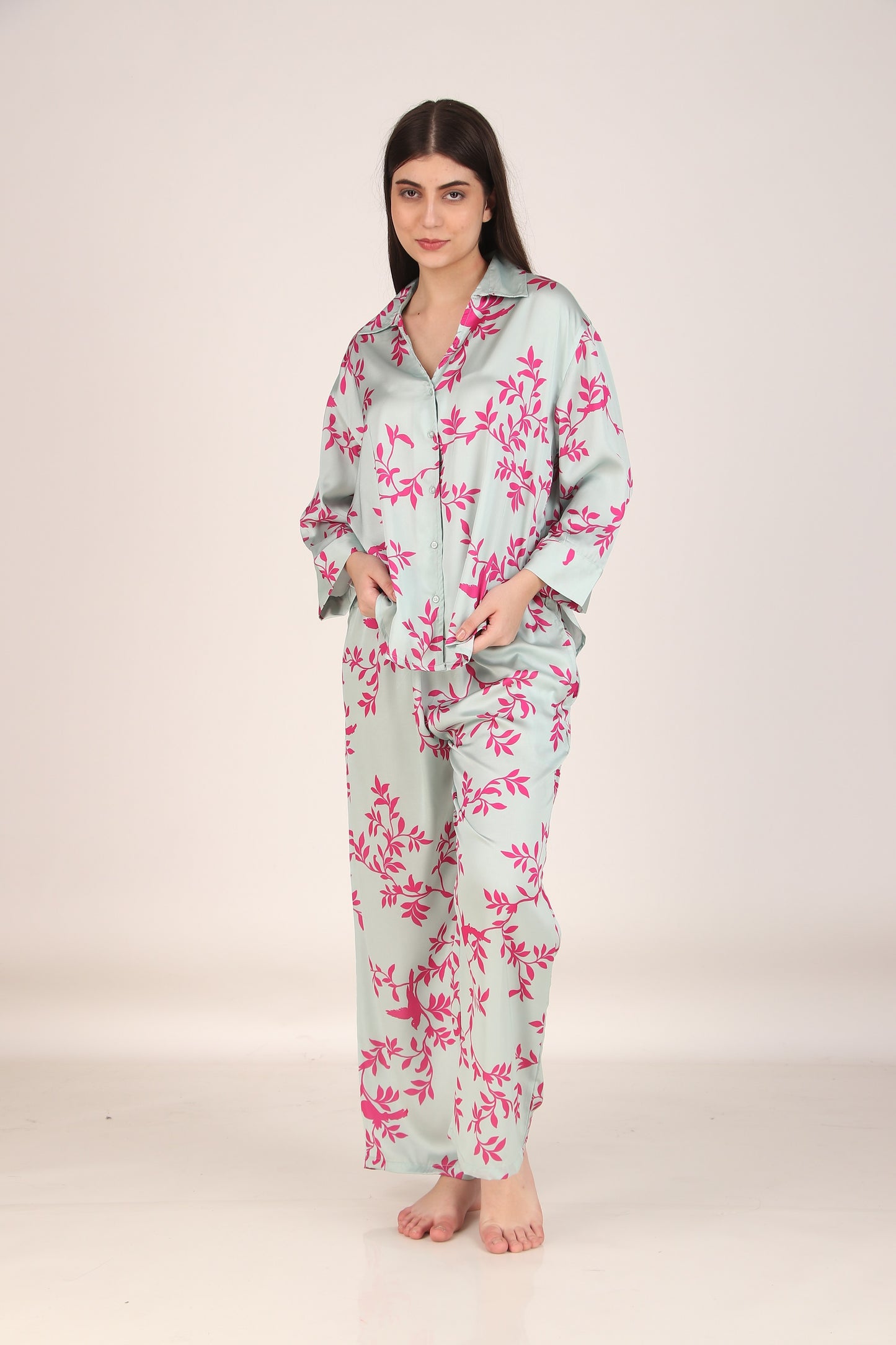 Pink Leaves Oversized Satin PJ Set | Masha at Broadway