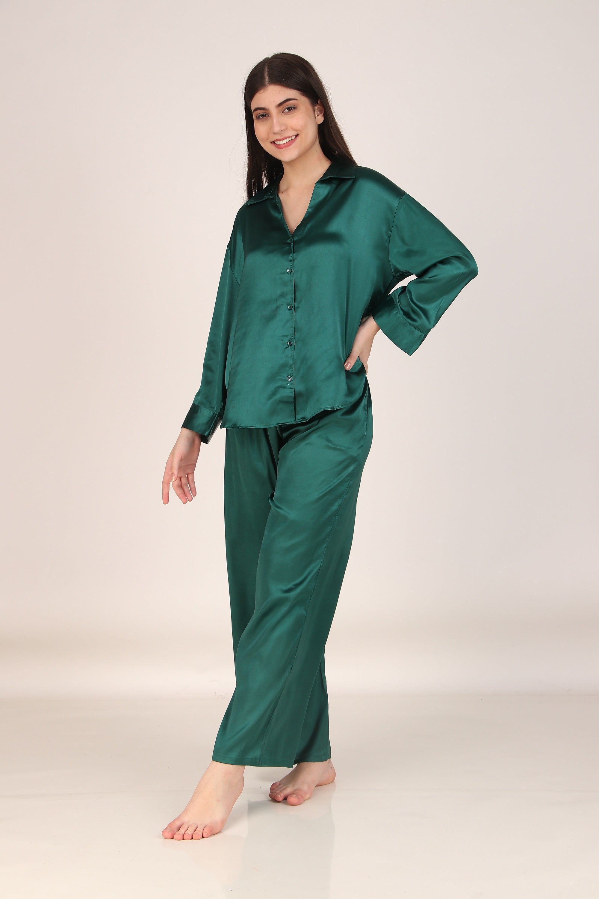 Solid Dark-Green Oversized Satin PJ Set | Masha at Broadway