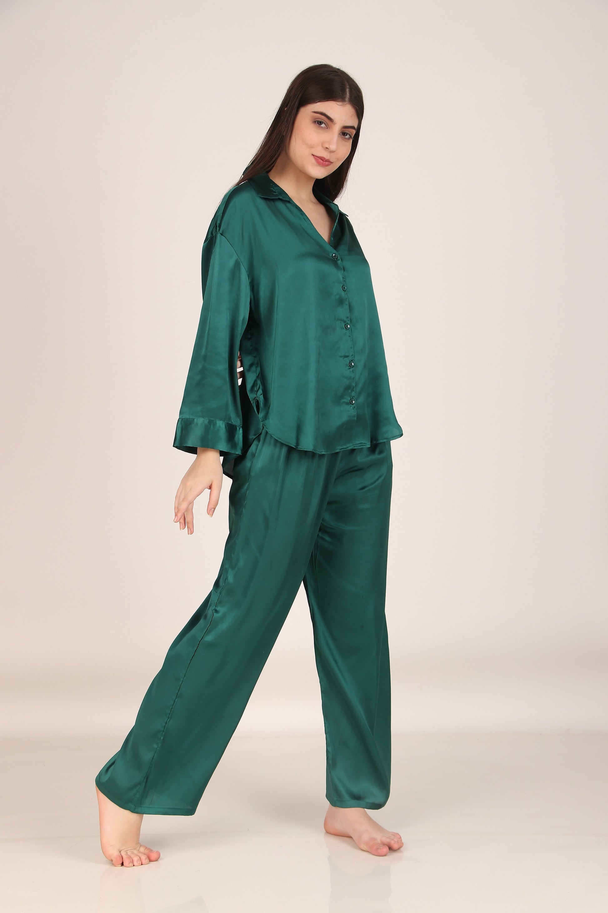 Solid Dark-Green Oversized Satin PJ Set | Masha at Broadway