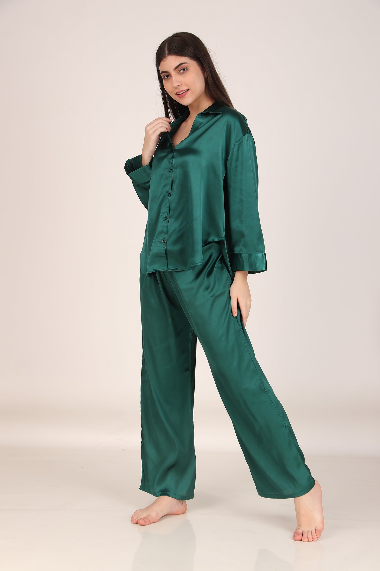 Solid Dark-Green Oversized Satin PJ Set | Masha at Broadway