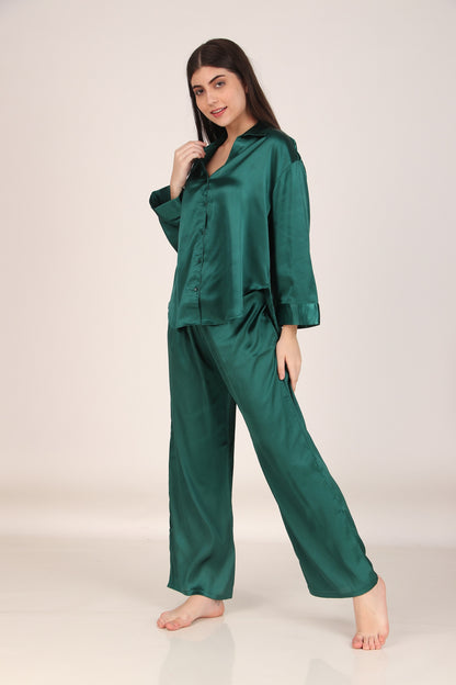 Solid Dark-Green Oversized Satin PJ Set | Masha at Broadway