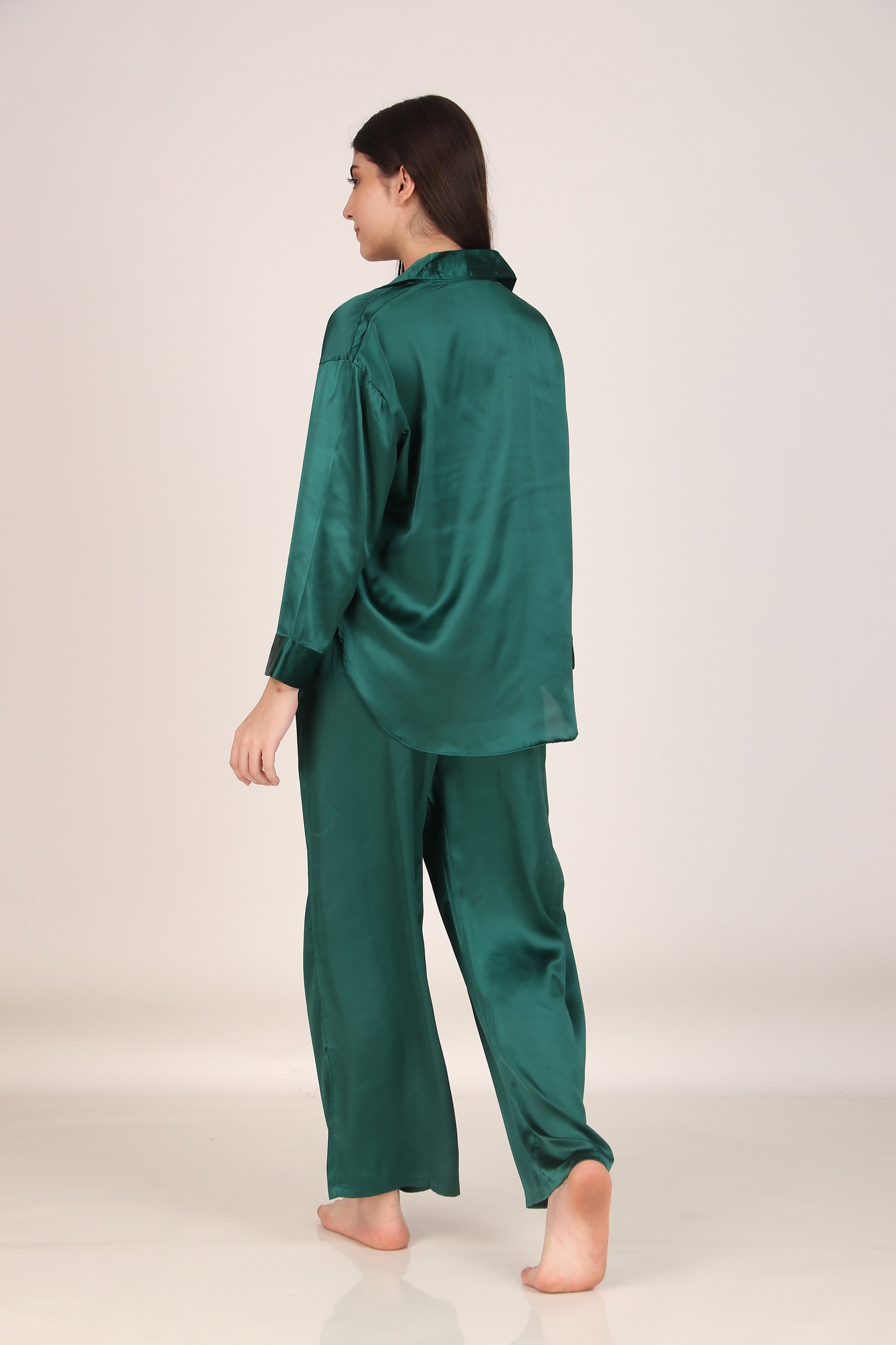 Solid Dark-Green Oversized Satin PJ Set | Masha at Broadway