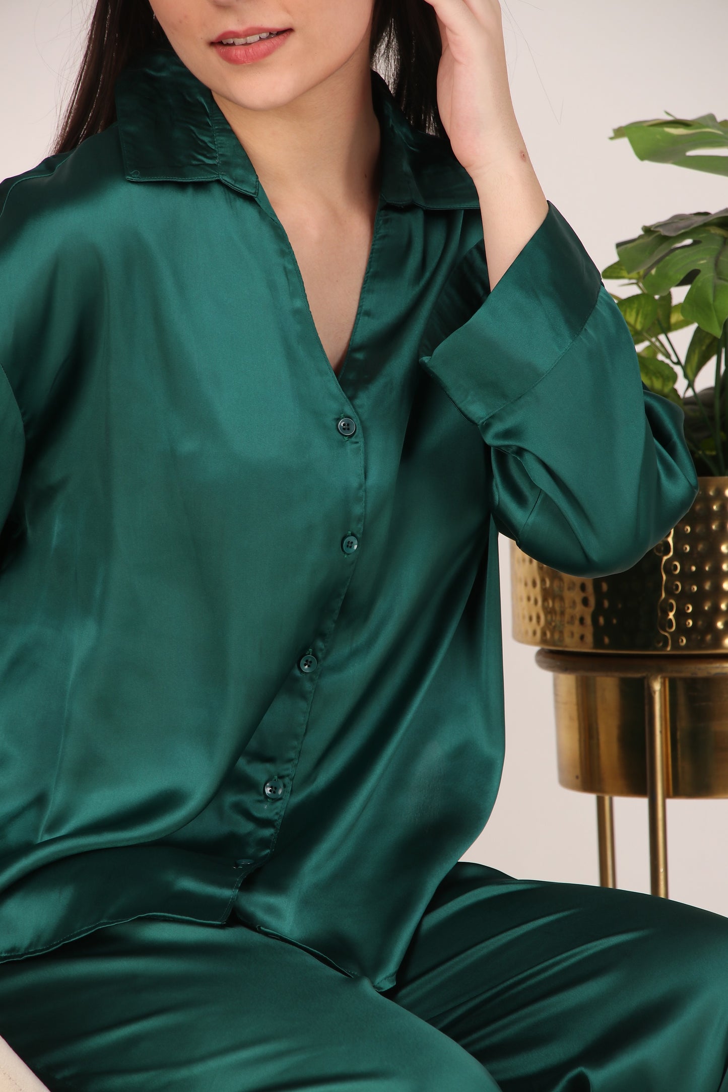 Solid Dark-Green Oversized Satin PJ Set | Masha at Broadway