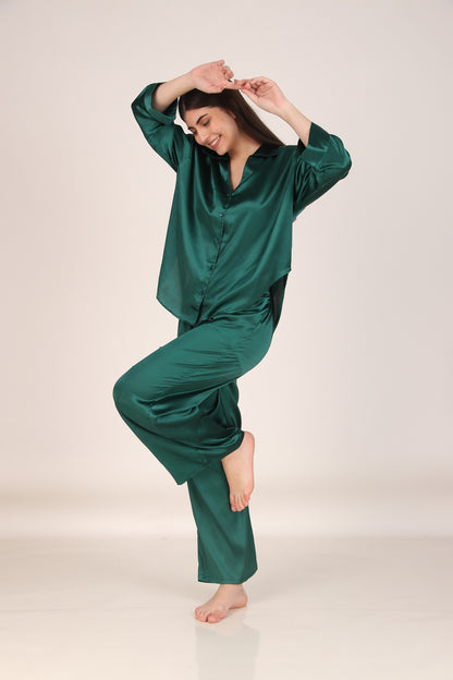 Solid Dark-Green Oversized Satin PJ Set | Masha at Broadway