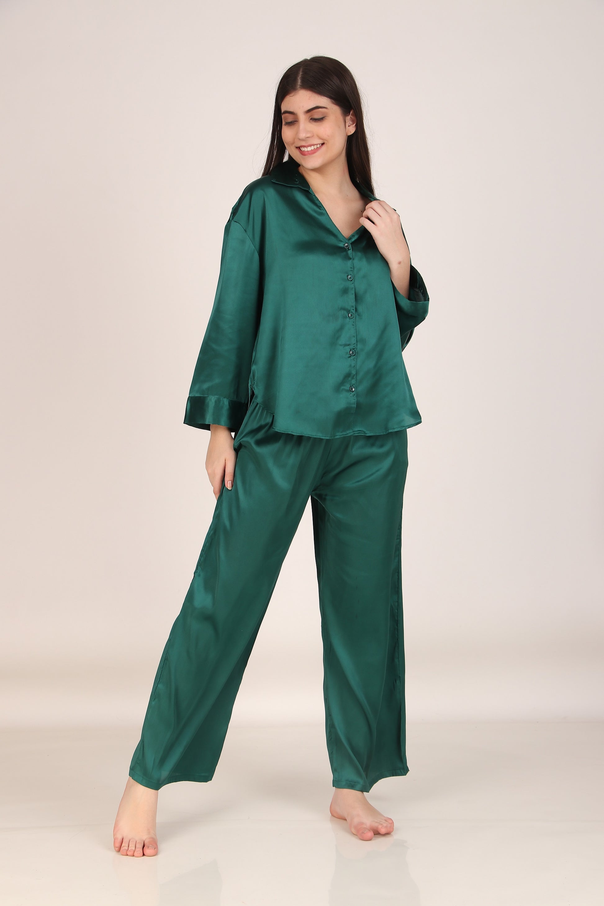 Solid Dark-Green Oversized Satin PJ Set | Masha at Broadway