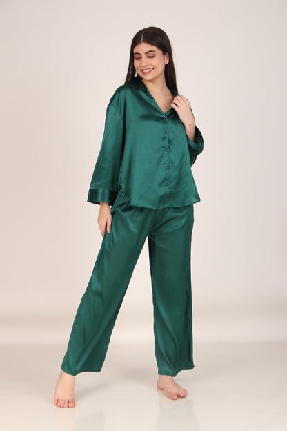 Solid Dark-Green Oversized Satin PJ Set | Masha at Broadway