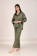 Solid Olive Oversized Satin PJ Set | Masha at Broadway