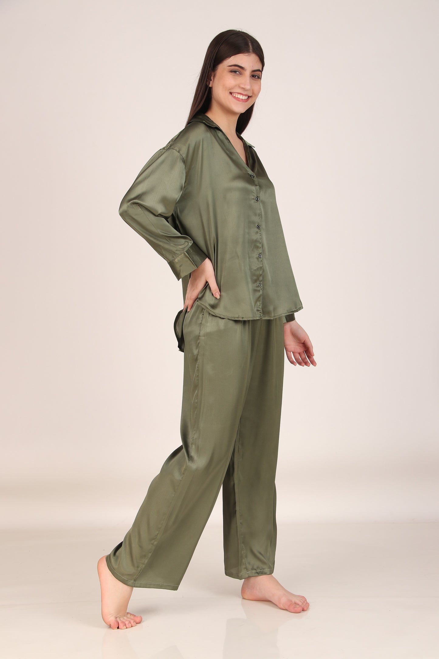 Solid Olive Oversized Satin PJ Set | Masha at Broadway