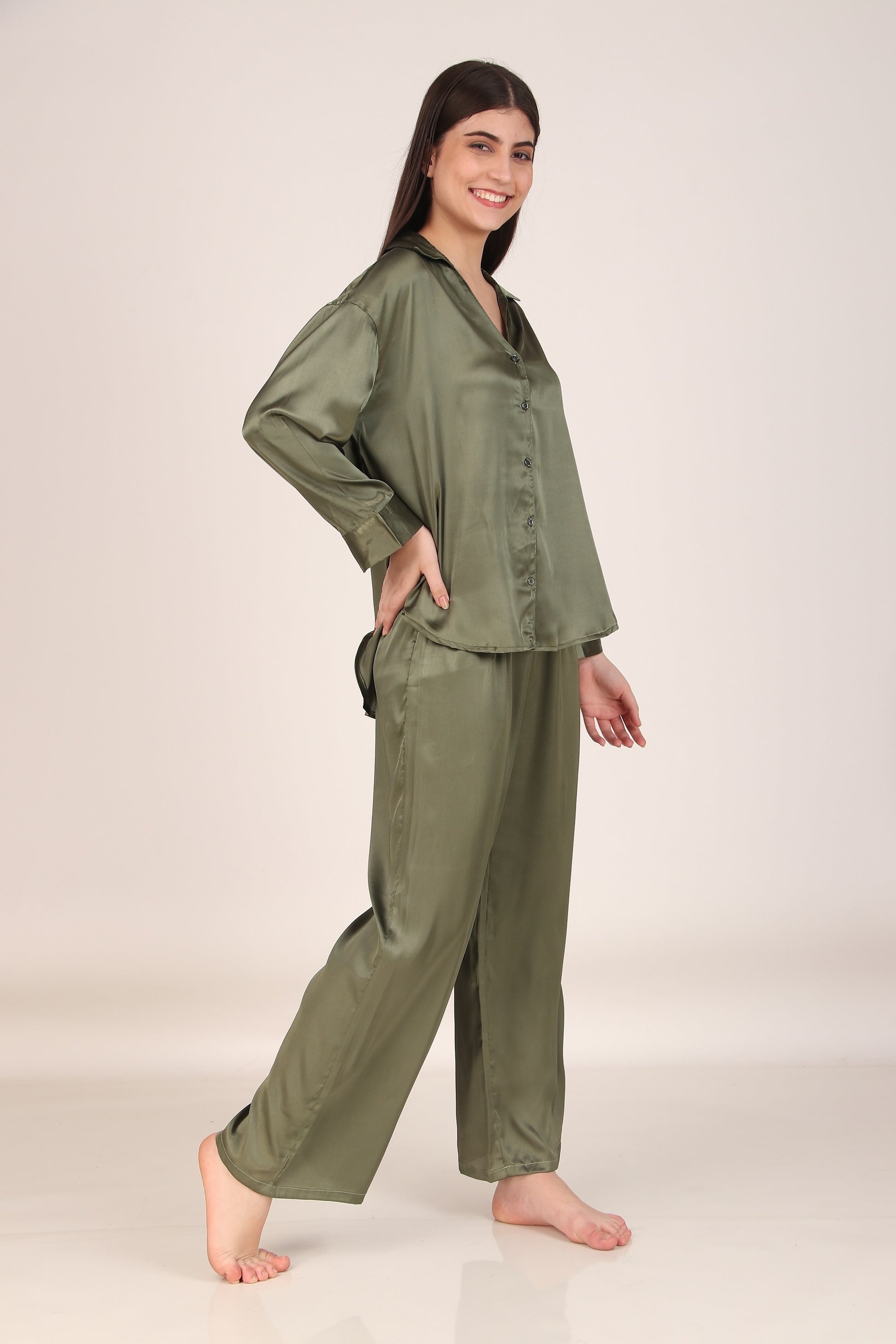 Solid Olive Oversized Satin PJ Set | Masha at Broadway