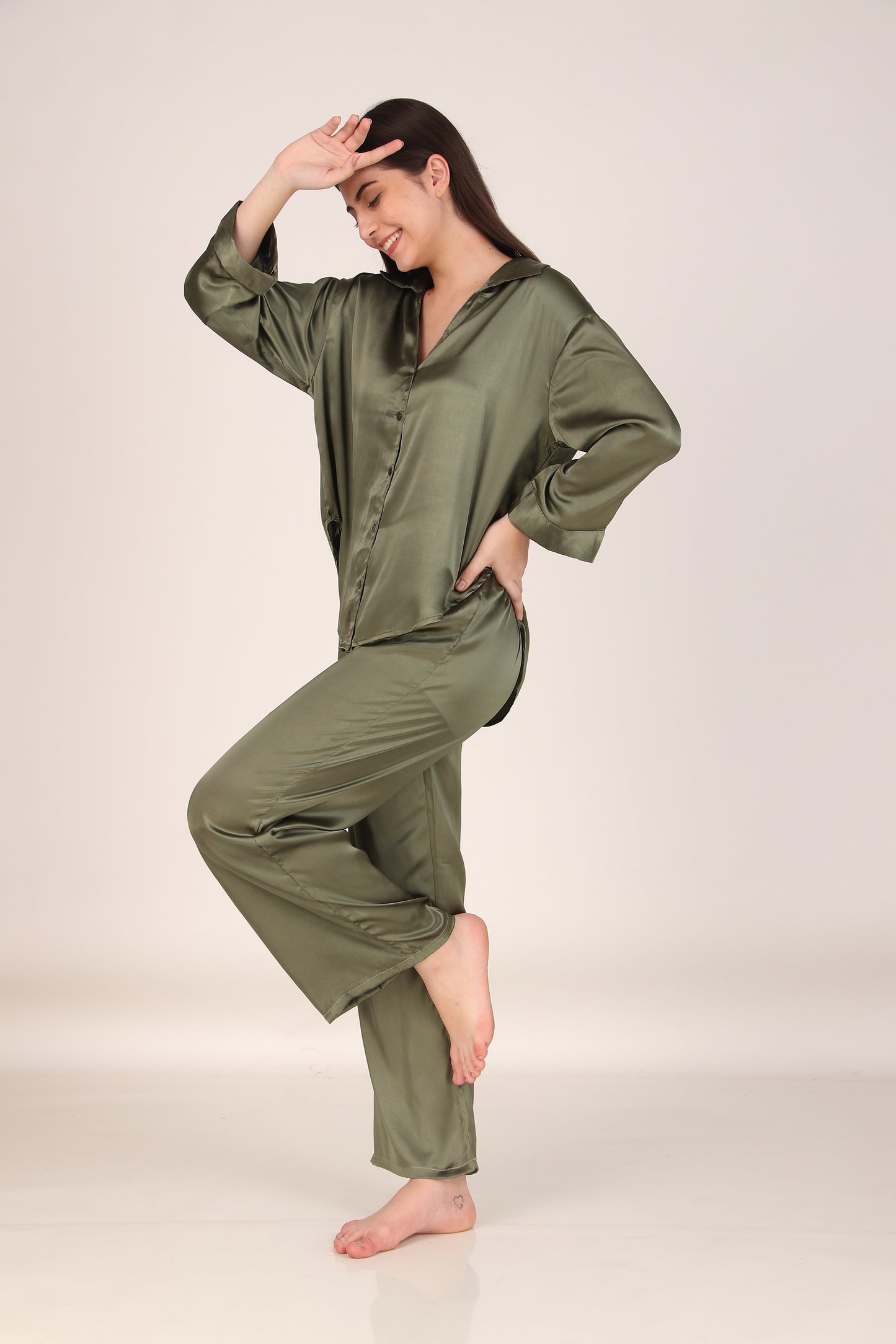 Solid Olive Oversized Satin PJ Set | Masha at Broadway