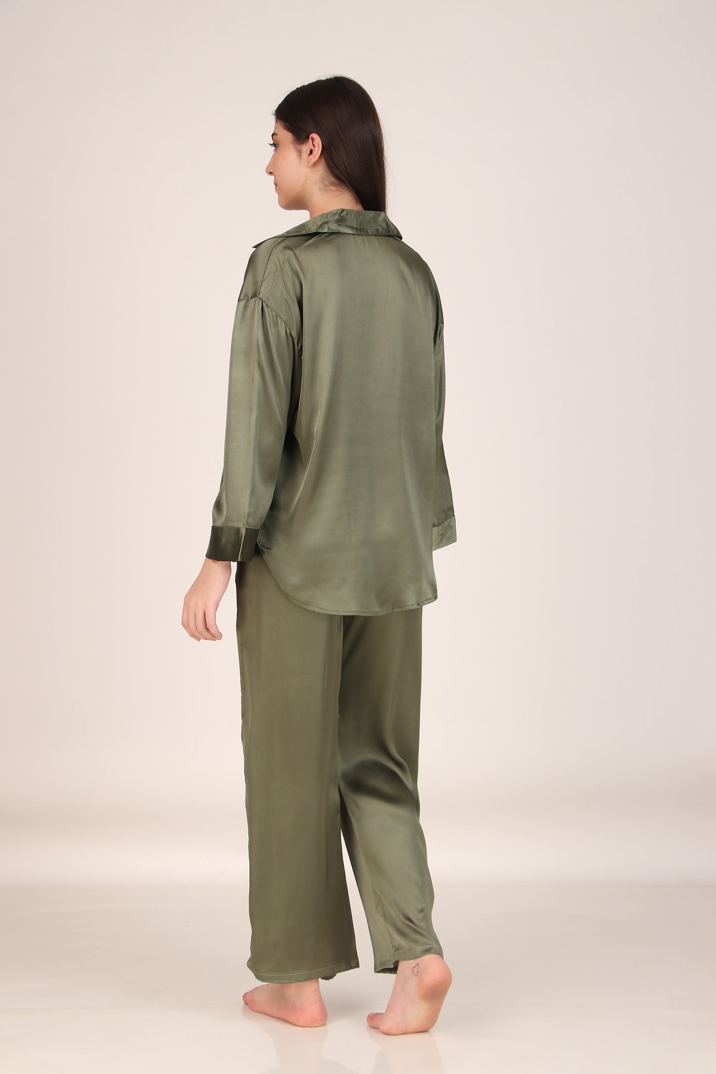 Solid Olive Oversized Satin PJ Set | Masha at Broadway