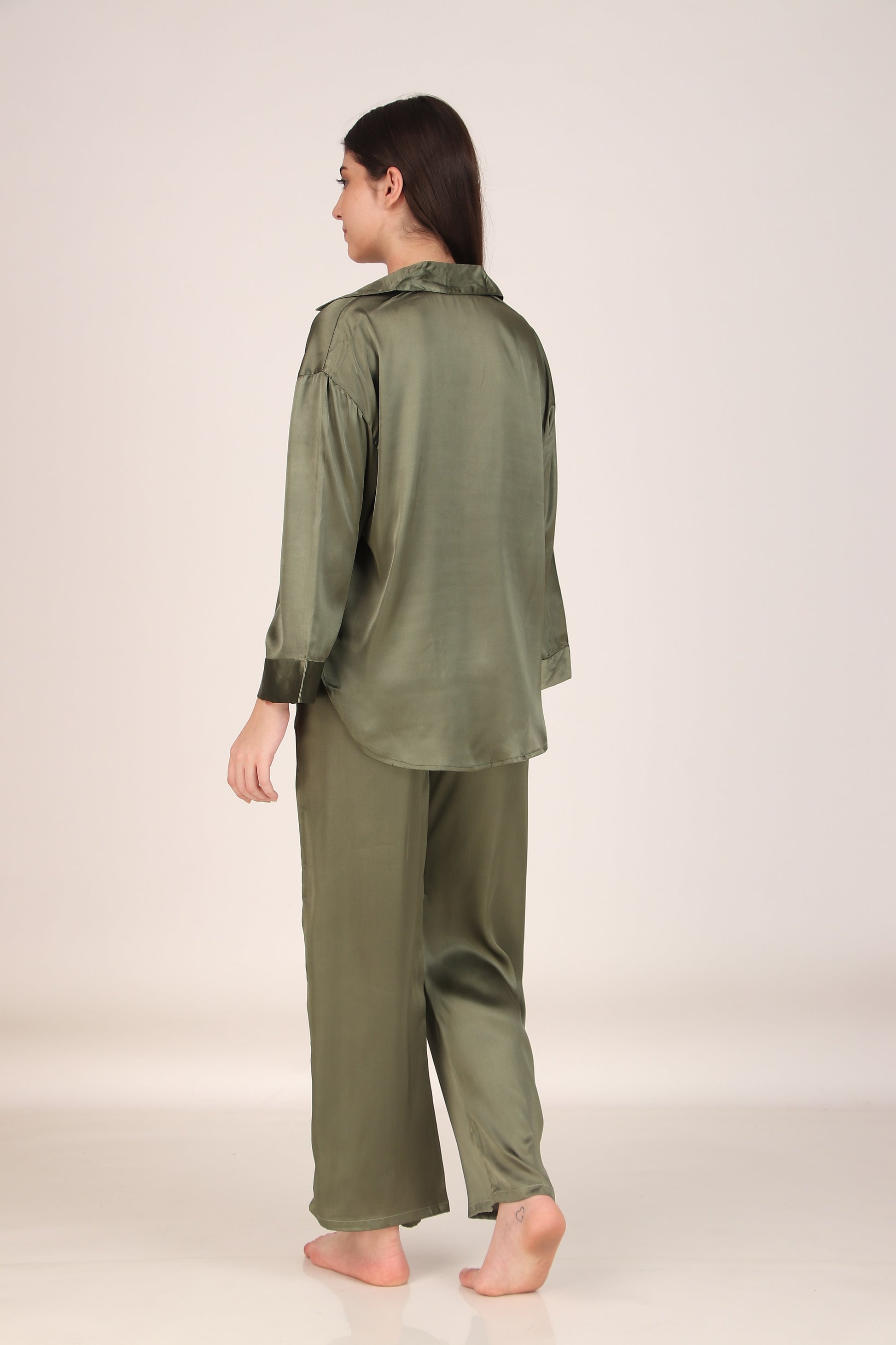Solid Olive Oversized Satin PJ Set | Masha at Broadway