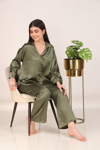 Solid Olive Oversized Satin PJ Set | Masha at Broadway