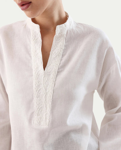 Rareism Women's Nubank Off White Cotton Blend Mandarin Collar Regular Fit Plain Top | RAREISM at Broadway