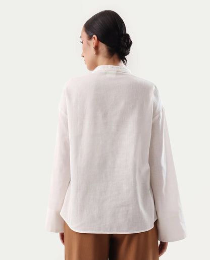 Rareism Women's Nubank Off White Cotton Blend Mandarin Collar Regular Fit Plain Top | RAREISM at Broadway