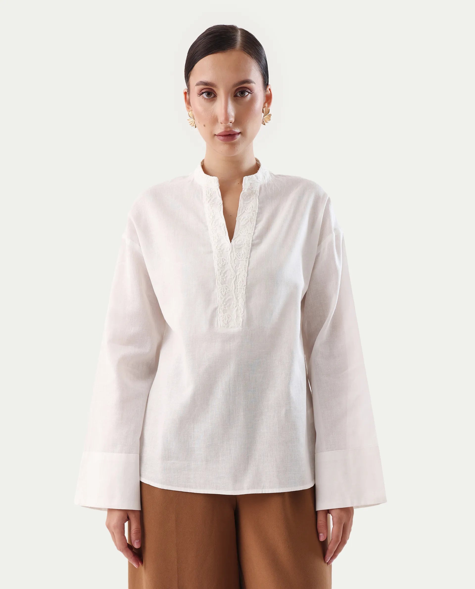 Rareism Women's Nubank Off White Cotton Blend Mandarin Collar Regular Fit Plain Top | RAREISM at Broadway