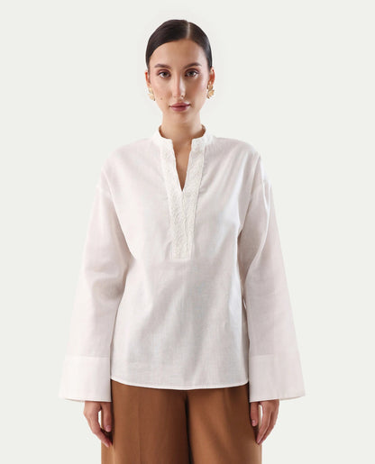 Rareism Women's Nubank Off White Cotton Blend Mandarin Collar Regular Fit Plain Top | RAREISM at Broadway