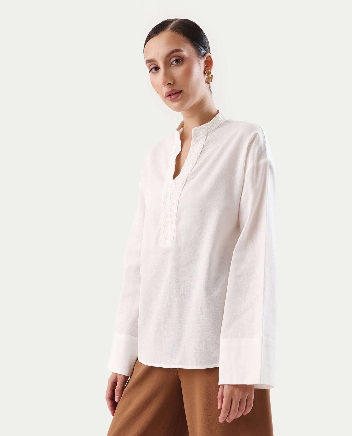 Rareism Women's Nubank Off White Cotton Blend Mandarin Collar Regular Fit Plain Top | RAREISM at Broadway
