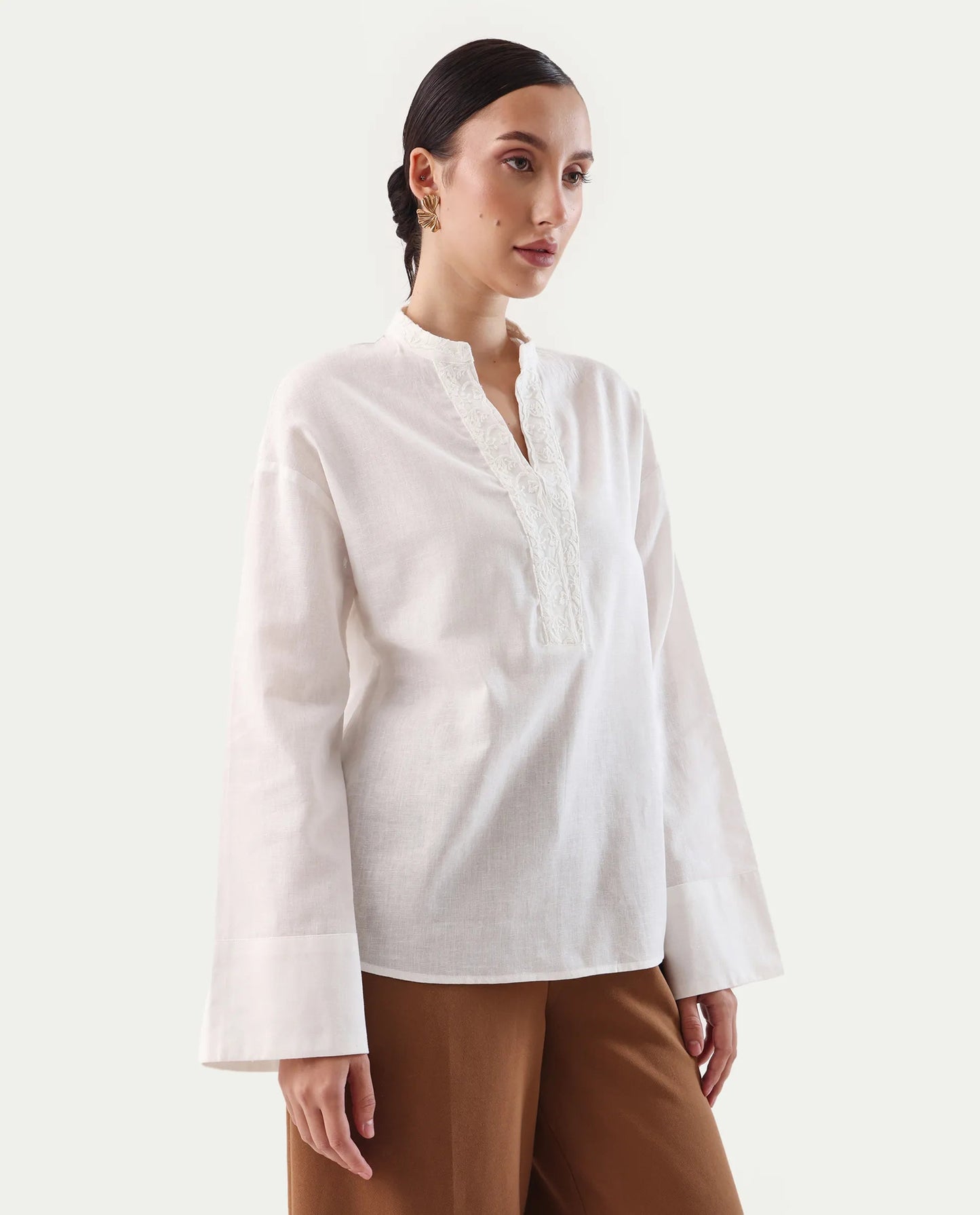 Rareism Women's Nubank Off White Cotton Blend Mandarin Collar Regular Fit Plain Top | RAREISM at Broadway